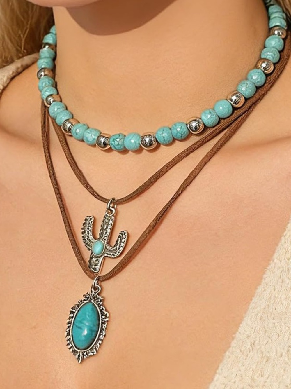 Anthropologie Turquoise Beaded Layered Necklace Set with Brown Cords